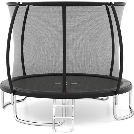 Trampoline noir 12 pieds en acier galvanisé avec filet de sécurité, porte zippée et échelle pour jardin, cour et plein air (1/5)