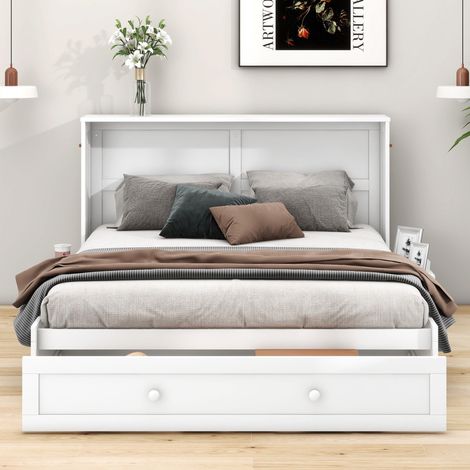 Letto pieghevole verticale 140x200 cm con vano portaoggetti, cassetti ai piedi e ripiano laterale, senza materasso, bianco (1/5)