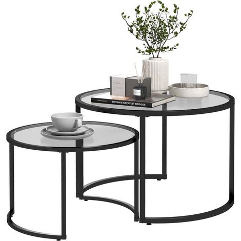 Ensemble de 2 tables basses rondes en verre trempé avec pieds en acier noir, design élégant pour votre salon. (1/5)
