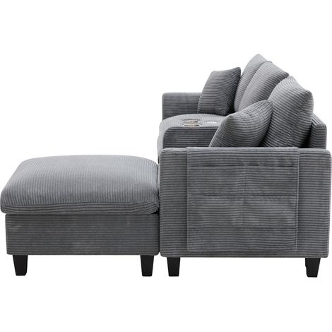 Canapé d'angle en L modulable en tissu côtelé avec console, porte-gobelets et ports USB, idéal salon et petits espaces (1/5)
