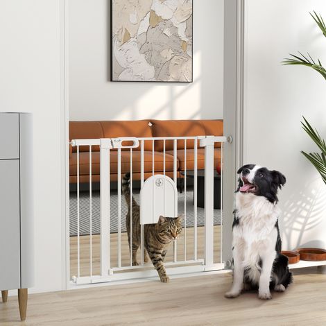 Barrière pour chiens réglable avec petite porte et fermeture automatique, 75-103x76cm, blanc (1/5)