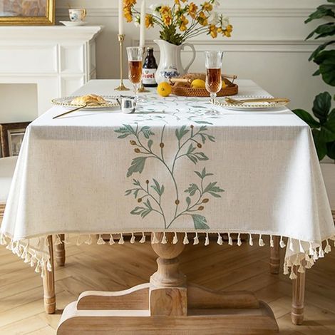 Nappe rectangulaire anti-taches en coton et lin lavable, style tassel, beige 140x220cm. (1/5)