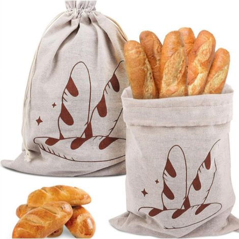 Lot de 2 Sacs à Pain en Lin avec Cordon de Serrage -sacs à pain en lin pour pain maison- Réutilisables-Sac A Pain Tissu pour Pain, Baguette, Fruits,Légumes, 35 X 45 cm