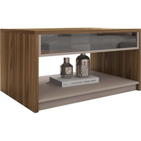 Table Basse Rectangle 90 cm Vitrée Chêne et Taupe L 90.2 H 47.5 P 60 cm (1/3)