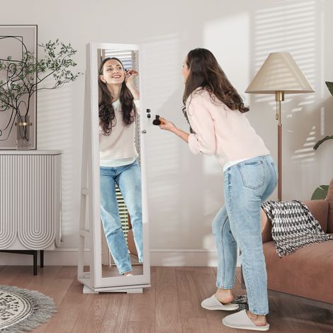 Miroir à bijoux pivotant 360° - 38×38×160 cm - meuble pied pour chambre - 3 étagères et serrure - meuble à bijoux blanc