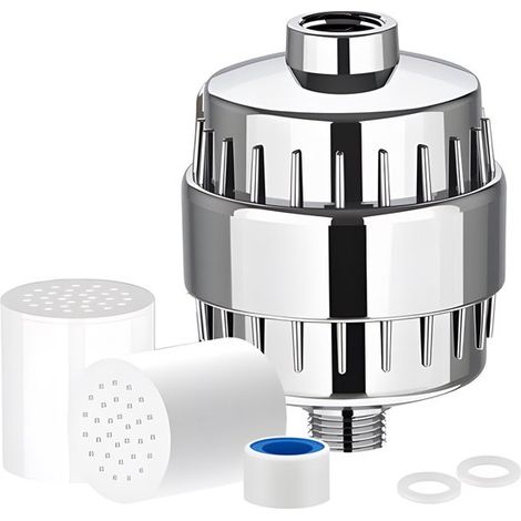 Filtre de douche universel 15 étapes avec filtre supplémentaire, système de filtration d'eau anticalcaire pour pommeau de douche, élimination des impuretés, argenté (1/5)