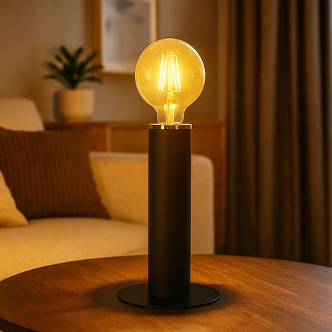 Tischleuchte Tischlampe Holz Leselampe Holzstamm Schlafzimmerlampe 1 flammig schwarz, Metall, 1x E27 Fassung, DxH 15x30,5 cm