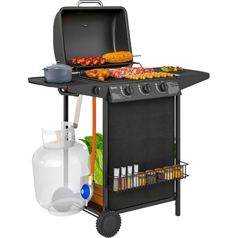 Barbecue a Gas con 4 Bruciatori Indipendenti e Coperchio con Termometro, 108x54x97 cm, Nero (1/5)