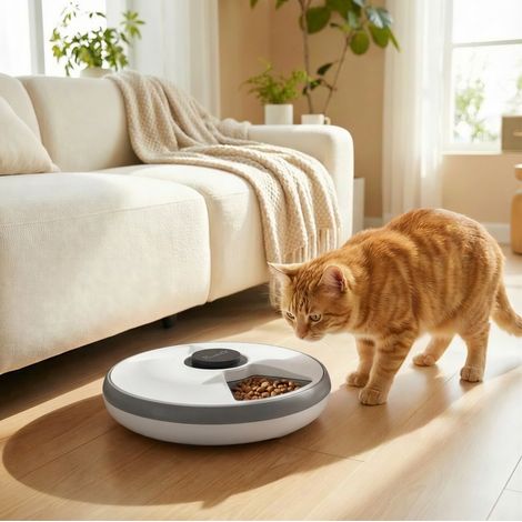 Distributeur automatique chat 31,5x31,5x8,3 cm ABS gris 6 repas sans fil pour absence – MEUBLIV (1/5)
