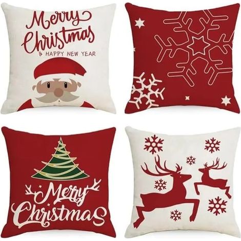 Lot de 4 Housses Coussin Noel, Père Noël Sapin Noël Cerf Sika Modèle Décoratif Canapé Taie d'oreiller Décoration, 45 x 45 cm (1/2)