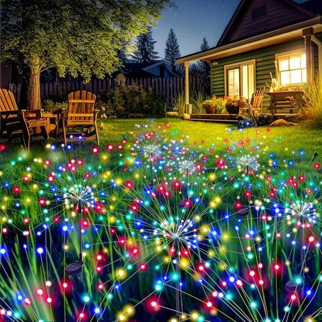 Garden Decor Outdoor Lights 120LED 8Pack, Solar Garden Lights Outside Fairy Firework Decorative,Solar Powered for Yard Pathway Flowerbed Planter Balcony Patio 4th of July Decor (Multicolar) (1/5)