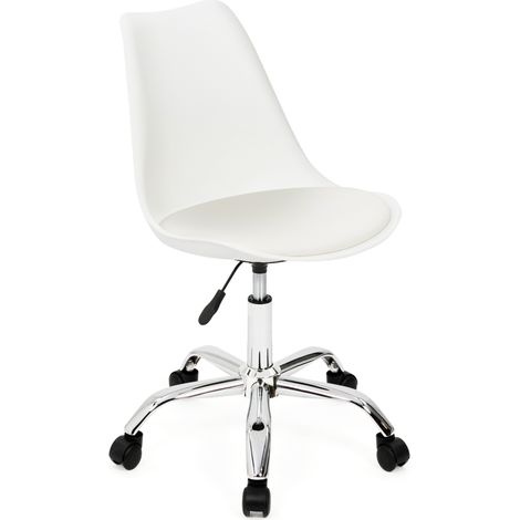 Idmarket – Chaise de bureau scandinave blanche à roulettes – Assise large en polypropylène – Hauteur réglable 44,5 à 55,6 cm – Pied en métal chromé