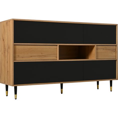 Buffet multifonction en bois naturel et noir avec 2 tiroirs, portes latérales et compartiment ouvert - 140x40x84,5 cm (1/5)