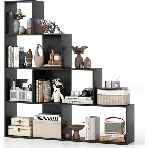 COSTWAY 4-Tier Stepped Bookshelf Modern Ladder Bookcase w/6 Storage Cubes-Black (1/5)
