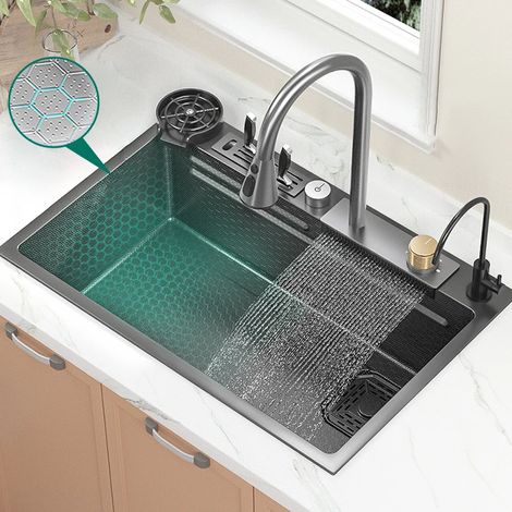 Küchenspüle für den Hausgebrauch, Küchenspüle aus Edelstahl 304, große, dickwandige Einzelspüle zum Spülen von Geschirr und Gemüse, mit Wasserfallauslauf – TELISIYA – 75 x 45 cm