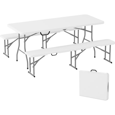 Ensemble table pliante et bancs de pique-nique 180 cm avec poignées de transport, blanc idéal pour salon, chambre à coucher ou bureau facile à assembler avec instructions incluses