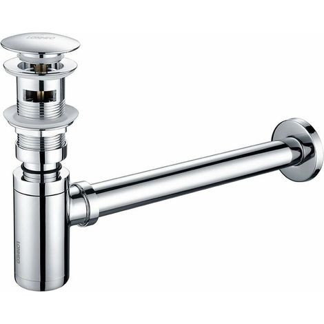 Bonde de lavabo chromée + siphon à grande surface avec trop-plein automatique et tube de siphon en acier inoxydable, ensemble de bonde à ouverture par pression, accessoire de salle de bain (1/3)