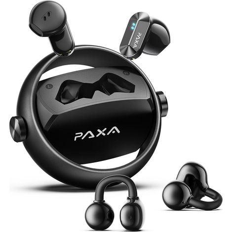 Double Casque 2-en-1 Clip Open-Ear Écouteurs Bluetooth sans Fil, Bluetooth 6.0-0 Délai, 140H Autonomie, Reconnaissance L/R Automatique, Réduction Bruit Hybride Travail/Sport/Quotidien, Noir (1/5)