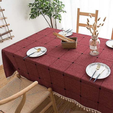 nappe rectangulaire à carreaux carrés en coton et lin uni, à franges