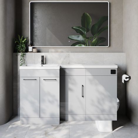Napoli 390 Gloss Grey Pearl 1500mm 3 Door Vanity Unit Toilet Suite with Left Hand Square Lucia Basin - 1500mm - Matt Black 160mm HandleWithout Kingston Toilet Pan
