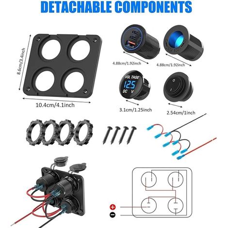 USB-C Socket with Cigarette Lighter, Triple Port Charger, LED Voltmeter and Rocker Switch for Car, Boat, RV (1/4)
