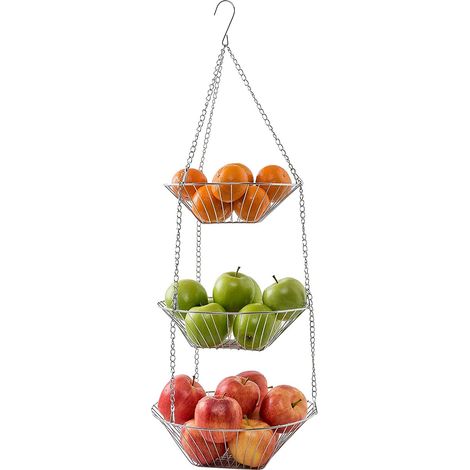Lot de 3 Panier suspendu, métal chromé, crochets et chaînes, ventilation optimale, cuisine pour fruits et légumes (1/5)