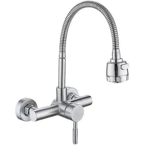 Robinet de cuisine encastré mural en acier inoxydable 304 avec bec pivotant à 360° et douchette, mitigeur eau chaude/froide à levier unique pour évier (1/5)