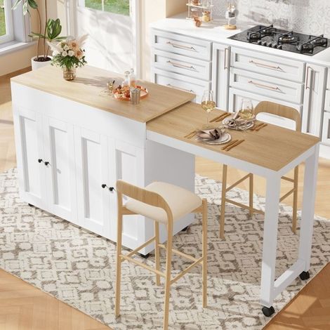 Table bar extensible - 117-180x50x94,6 cm - Rangement 6 compartiments - MDF - Blanc