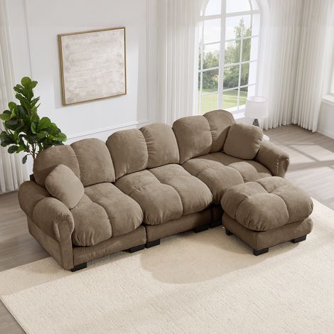 Sofá rinconero en L de 3 plazas en chenilla marrón con chaise longue móvil y 2 cojines (1/5)