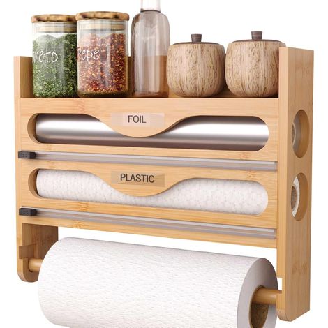 Food Wrap Dispenser with Paper Towel Holder and Spice Rack, Aluminum Foil and Film Dispenser, Kitchen Storage Rack, Bamboo Kitchen Wrap Organizer, 4 IN 1 (1/5)
