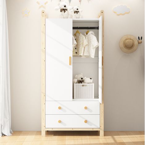 Armario de 2 puertas con 2 cajones y barra para colgar 89,6 x 44 x 180,5 cm blanco y pino DESVIAE (1/5)