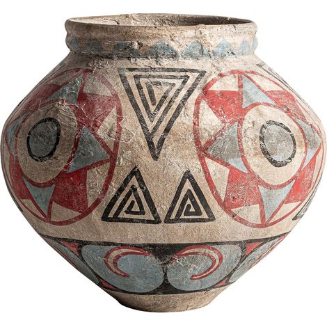 Vase hénéo ethnique en terracotta multicolore - Palette ethnique rouge, bleu et tons naturels (1/3)