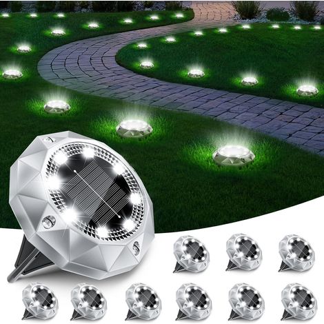 Lot de 10 Lampe Solaire Au Sol Jardin, 8 LED Lumiere Solaire Exterieur Étanche IP65, Spot Solaire Extérieur Encastrables pour Chemins Pelouse Cour Jardin Chemin Piscine Allée, Blanc Froid [Classe éner (1/5)