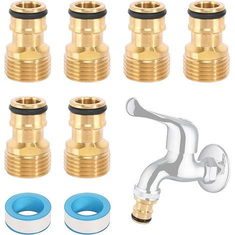 Lot de 6 adaptateurs de tuyau d'arrosage avec bande d'étanchéité PTFE de 12 m - Connecteur universel - Filetage extérieur - Pour jardin, cuisine, machine à laver