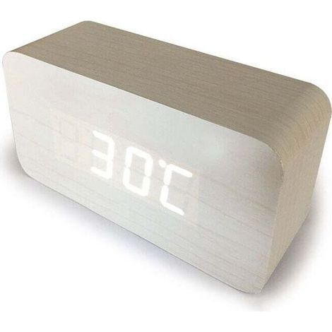 Reloj despertador digital blanco, de madera, brillo ajustable, control por voz, reloj rectangular LED, visualización de hora y temperatura, decoración del hogar. (1/3)