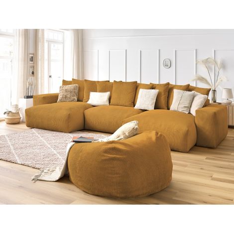 Canapé panoramique fixe BOBOCHIC - Canapé panoramique fixe VOLTAIRE velours côtelé avec pouf Panoramique  Jaune (1/5)