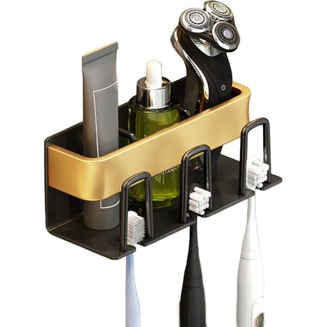 Wandmontierter Zahnbürstenhalter aus Aluminium, Zahnbürstenbecher, Zahnpasta, Organizer, multifunktionaler selbstklebender Zahnbürstenhalter