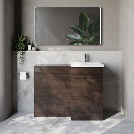 Napoli 390 Cento Brown Oak 1100mm 2 Door Vanity Unit Toilet Suite with Glide Basin - 1100mm - Gunmetal Grey 160mm HandleWithout Kingston Toilet Pan