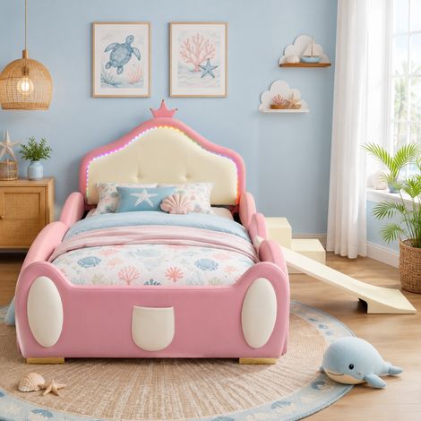 OKWISH Letto imbottito per bambini con scivolo, scala e LED PU rosa-beige 90 x 200 cm (1/5)