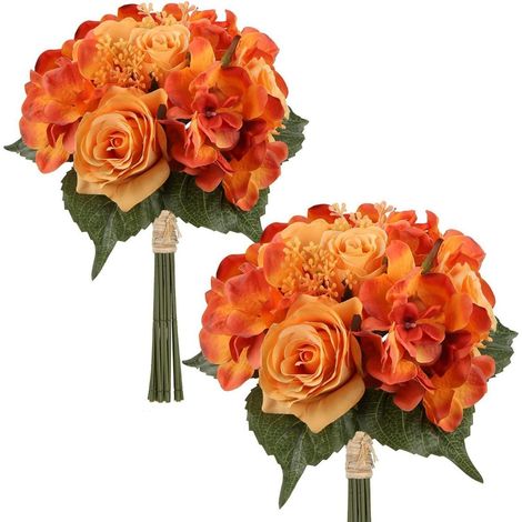 Künstliche Blumenstrauß 2er Set Hortensie Rosenbouquet Höhe 30cm Orange (1/5)