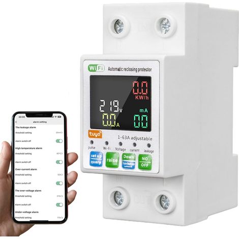 Disjoncteur Wifi Tuya, Disjoncteur Connecté Wifi Compteur électrique Intelligent avec Protection Contre les surtensions et les sous-tensions, Protecteur de réenclenchement 63A 2P 220V (1/5)