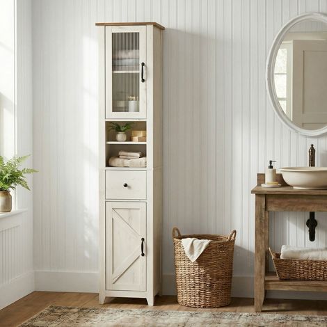 Vasagle – Armoire murale de salle de bain 31,5 x 40 x 171 cm – MDF blanc et marron – 2 portes – Dispositif anti-basculement inclus