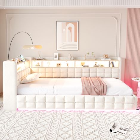 Canapé-lit convertible 90x200cm avec coffre de rangement hydraulique, étagère bois, éclairage LED, prises USB/Type-C, sommier lattes, velours beige, dossier réglable (1/5)