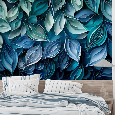 Papier Peint Feuillage - Feuilles Bleutées en Relief - 500 x 270 cm (1/2)