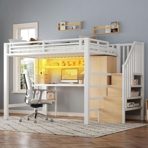 Lit mezzanine 140x200 cm avec bureau, armoire, étagères et escalier de rangement, LED contrôlée par application, métal blanc (1/5)