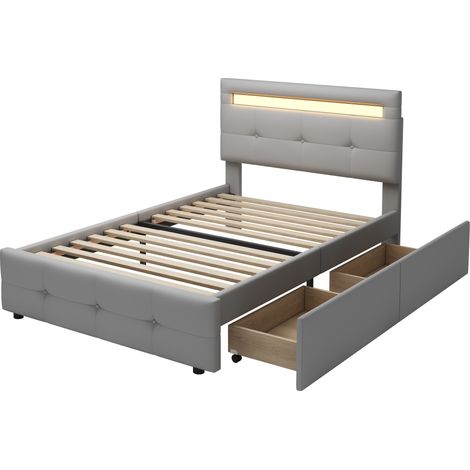 Cama tapizada de lino gris 90 x 200 cm con LED y 2 cajones - MODENUIT (1/5)