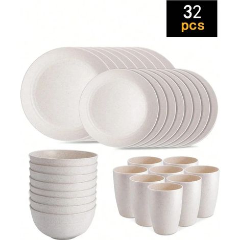 Ensemble de couverts en plastique beige (32 pièces), comprenant assiettes, bols et tasses. (1/5)