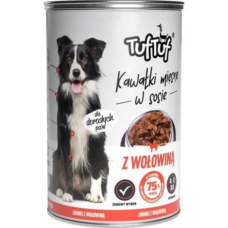 Comida húmeda para perros TufTuf sabor ternera, lata de 415 g con trozos de carne. (1/2)