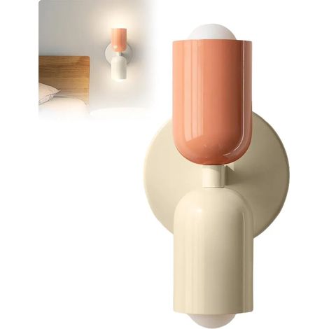 Wandleuchte in Cremefarbe, Doppelfassung, geeignet für Kinder- und Schlafzimmer, warmweißes Licht, Beleuchtung von oben und unten, weiß/rosa Lampenschirm, beigefarbener Sockel.
