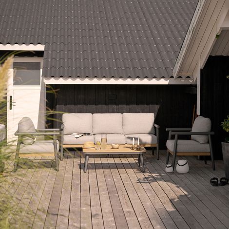 Camilla ensemble lounge avec coussins canapé, 2 fauteuils, 1 table gris-beige. (1/5)